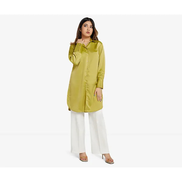 Olive Long Line Satin Shirt