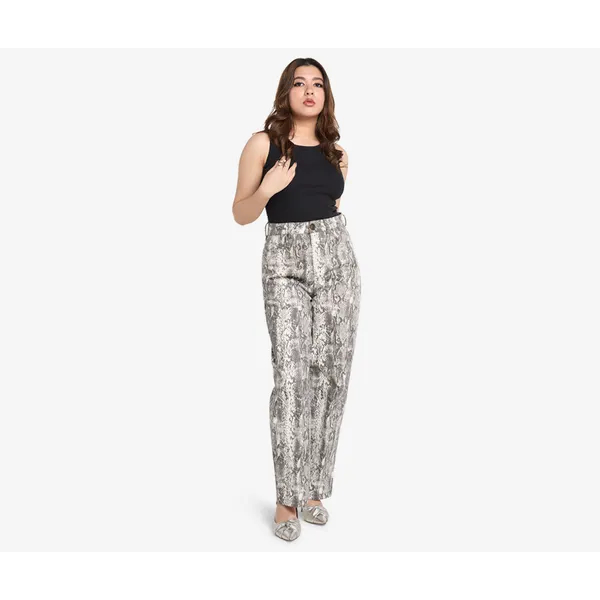 Grey High-Waist Snake Print Straight Jeans