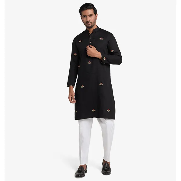 MAHAL Exclusive Black Panjabi w/ Ruby & Gold Embroidery