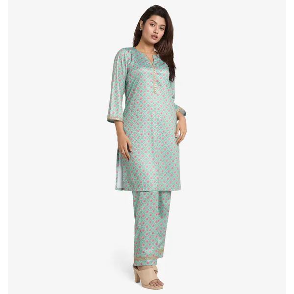 MAHAL Exclusive Lotus Meadow Kurti & Pant Set in Seafoam Green