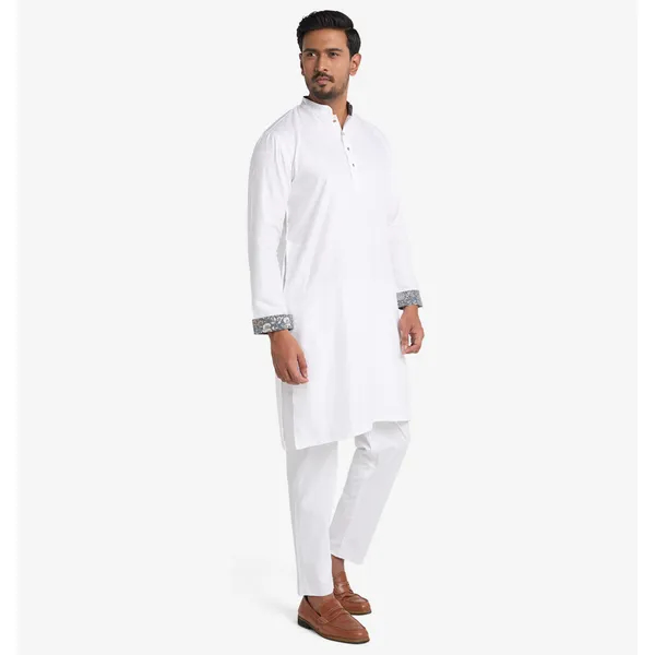 MAHAL Ultra-Soft White Panjabi w/ Floral Accent